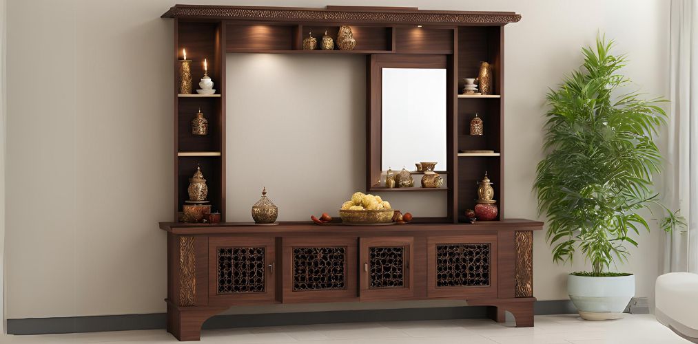 Walnut indian traditional pooja unit design - Beautiful Homes