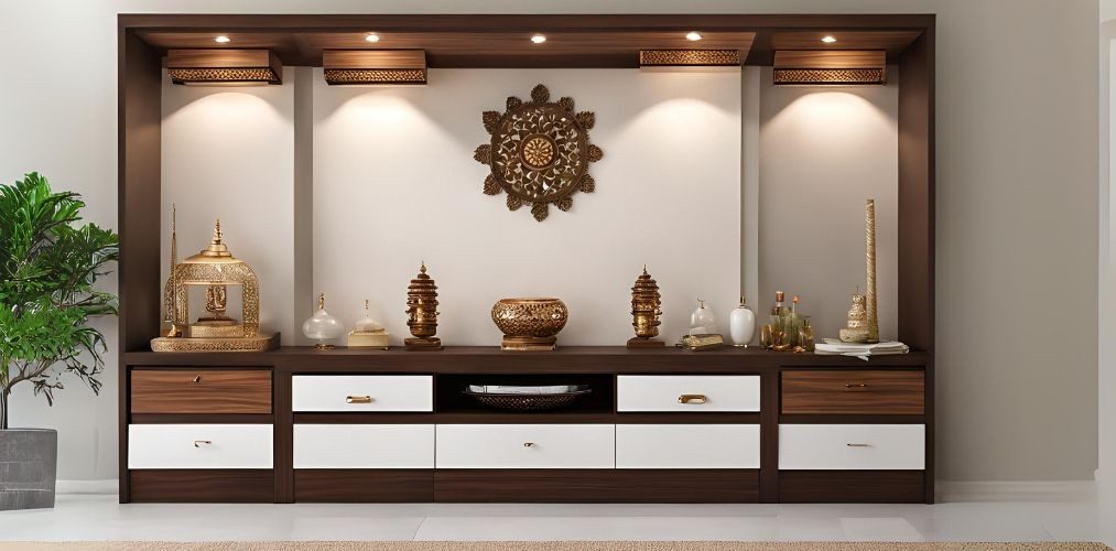 White and bronze modern puja room - Beautiful Homes