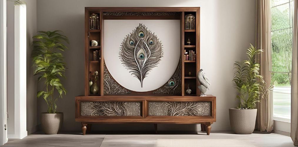 White and walnut toned wooden mandir with peacock-feather motif - Beautiful Homes