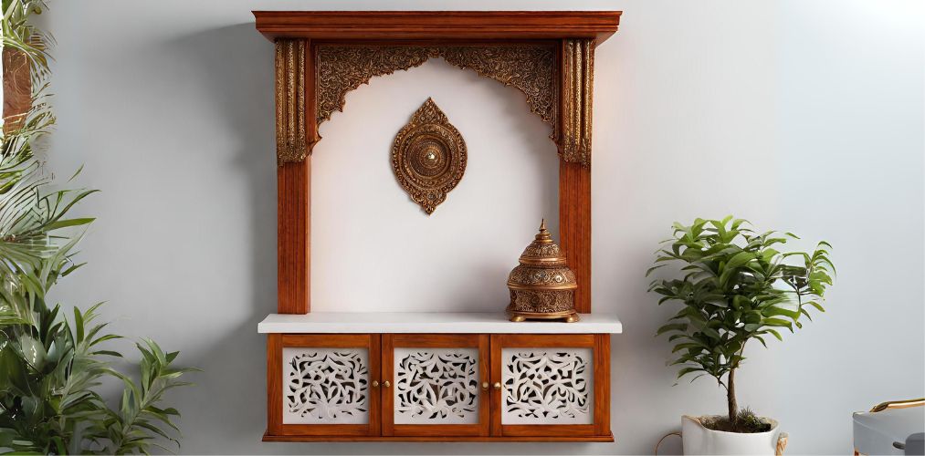 White and wood wall mounted mandir unit with storage-Beautiful Homes