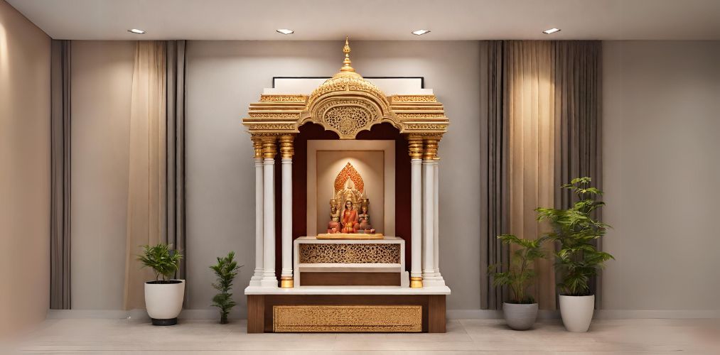 White mandir design for home with traditional elements - Beautiful Homes