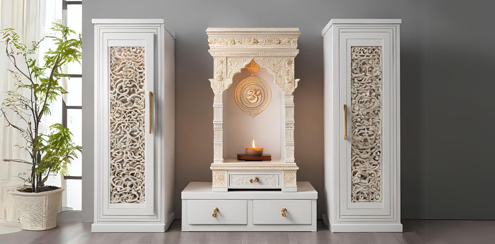 White mandir design with om mandala and drawer storage - Beautiful Homes