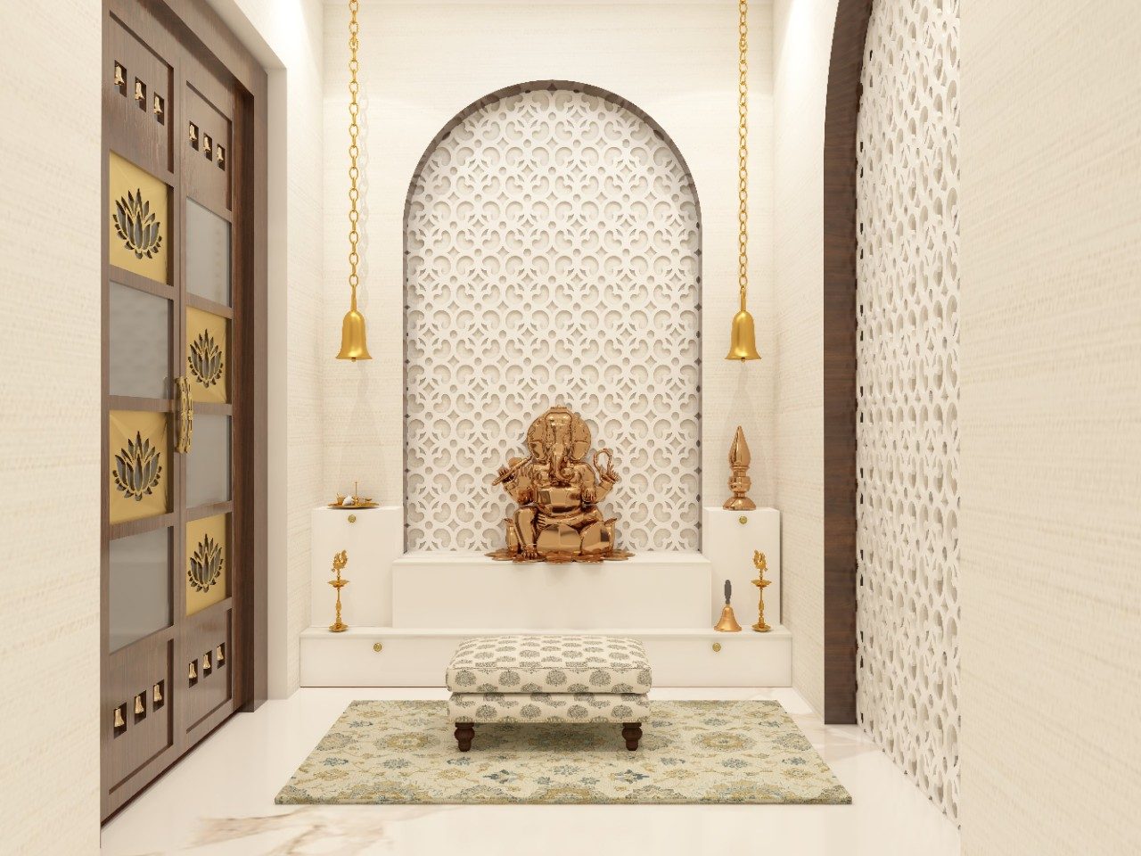 White marble finished puja room with CNC backdrop - Beautiful Homes