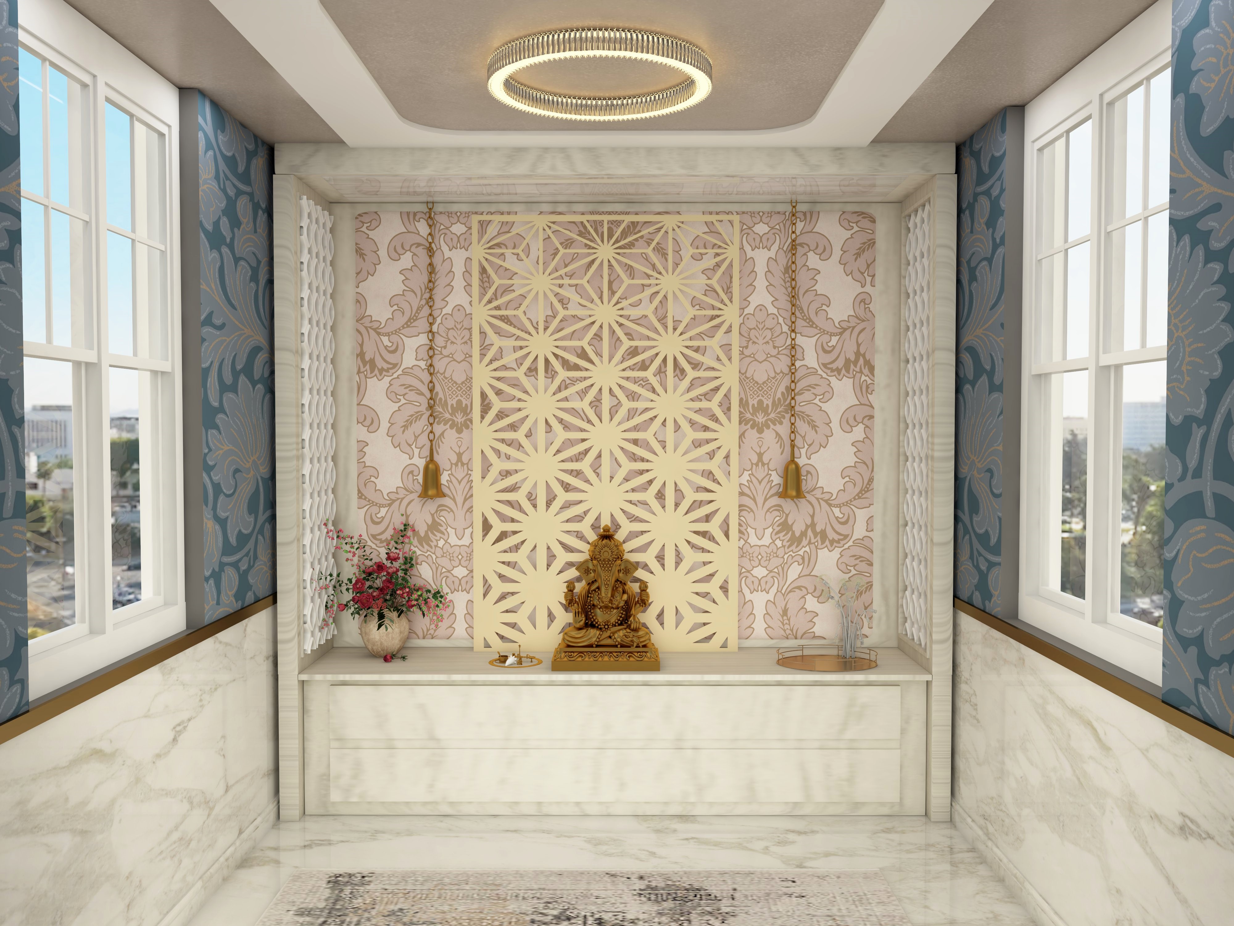White marble puja room with intricate jali backdrop - Beautiful Homes