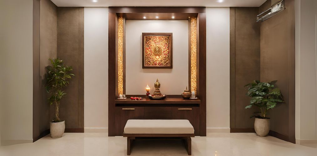 Wooden puja room with beige stool-Beautiful Homes