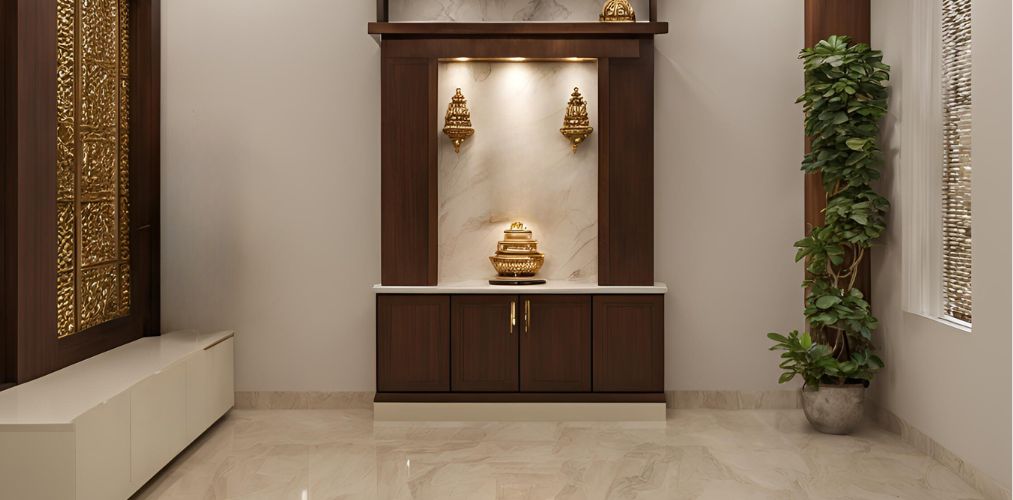 Wooden puja unit in apartment with closed cabinets - Beautiful Homes