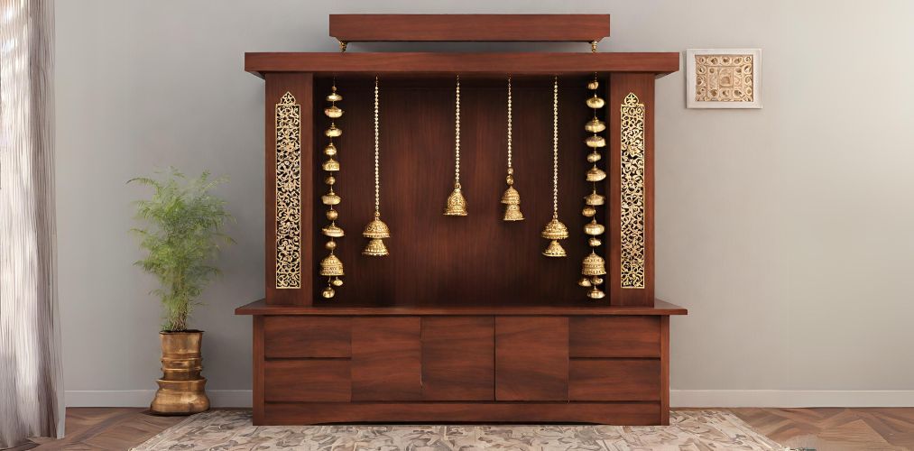 Wooden puja unit with decorative bells-Beautiful Homes
