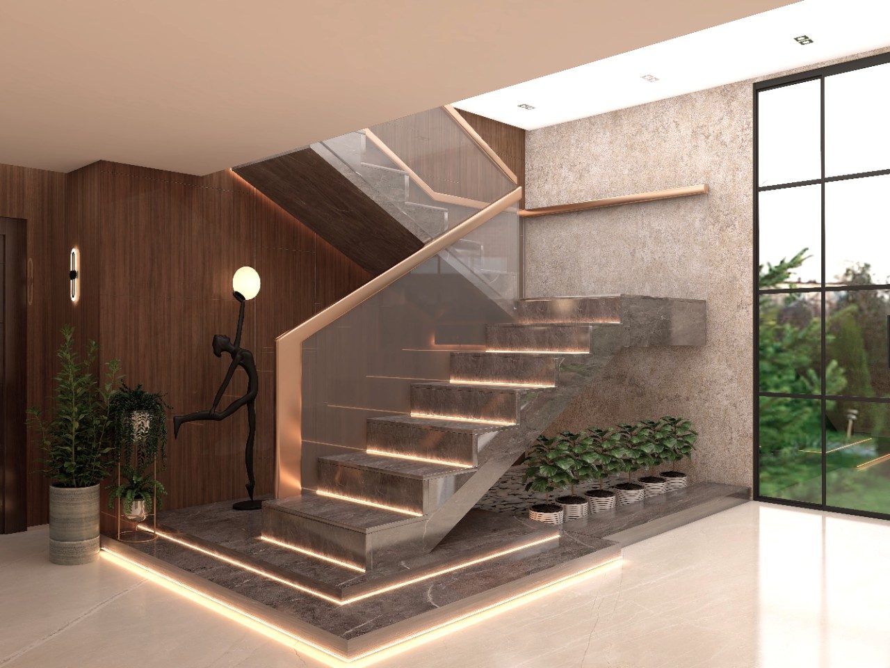 Contemporary marble clad staircase with lights and glass railing - Beautiful Homes