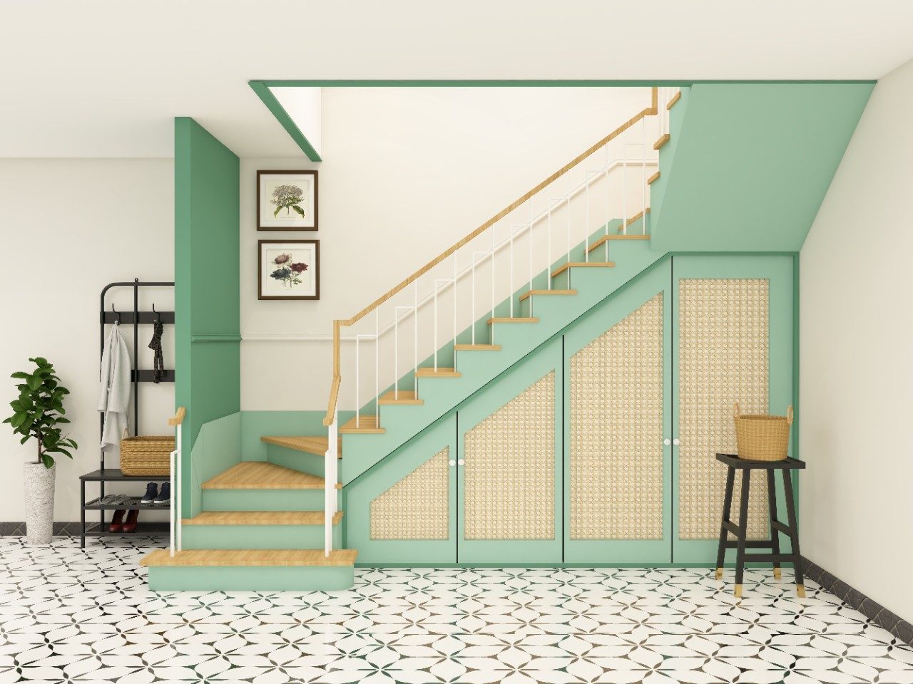 Countryside style staircase in mint green with cabinet storage underneath - Beautiful Homes