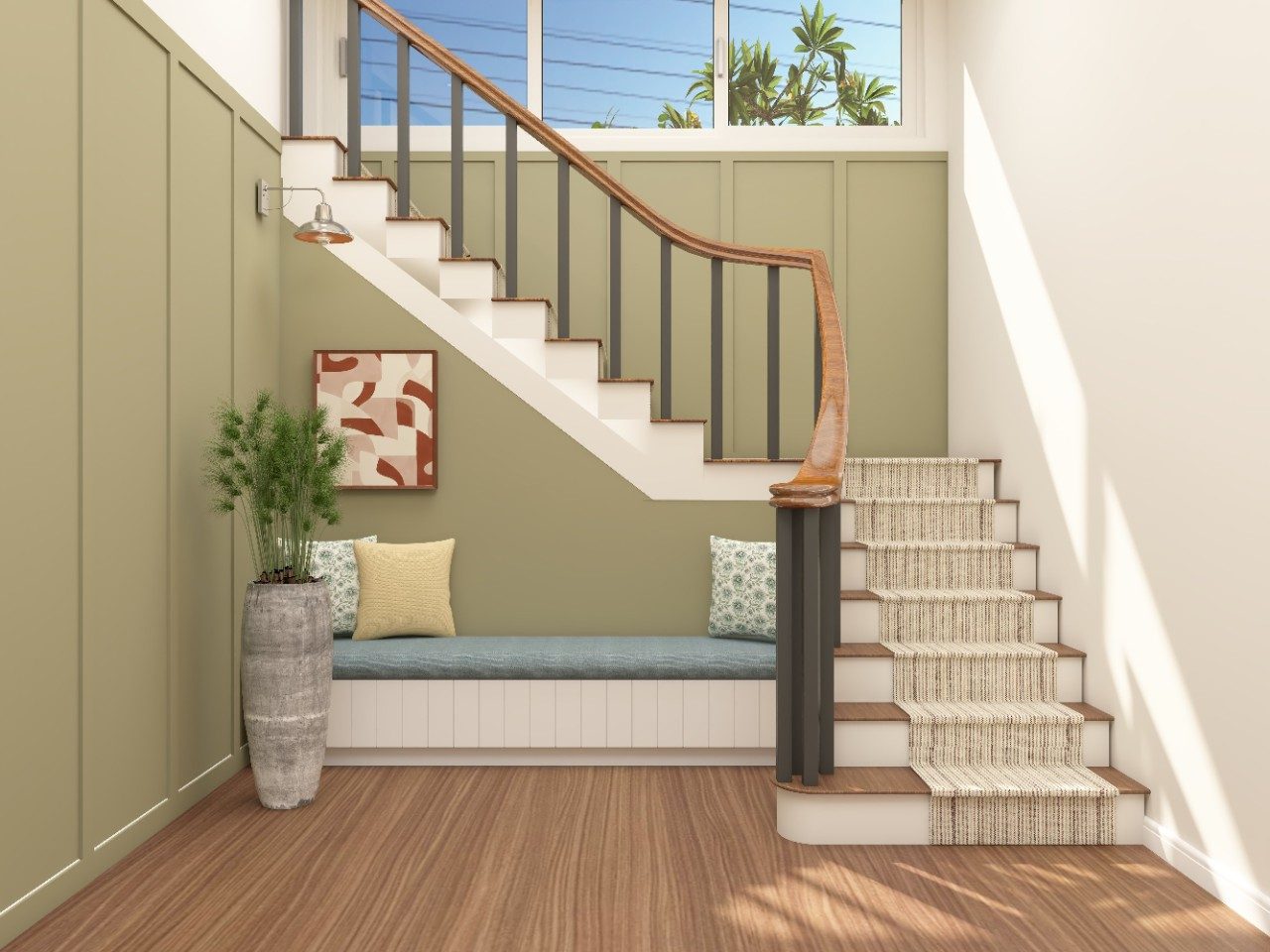 Countryside style staircase with under staircase bench seating - Beautiful Homes