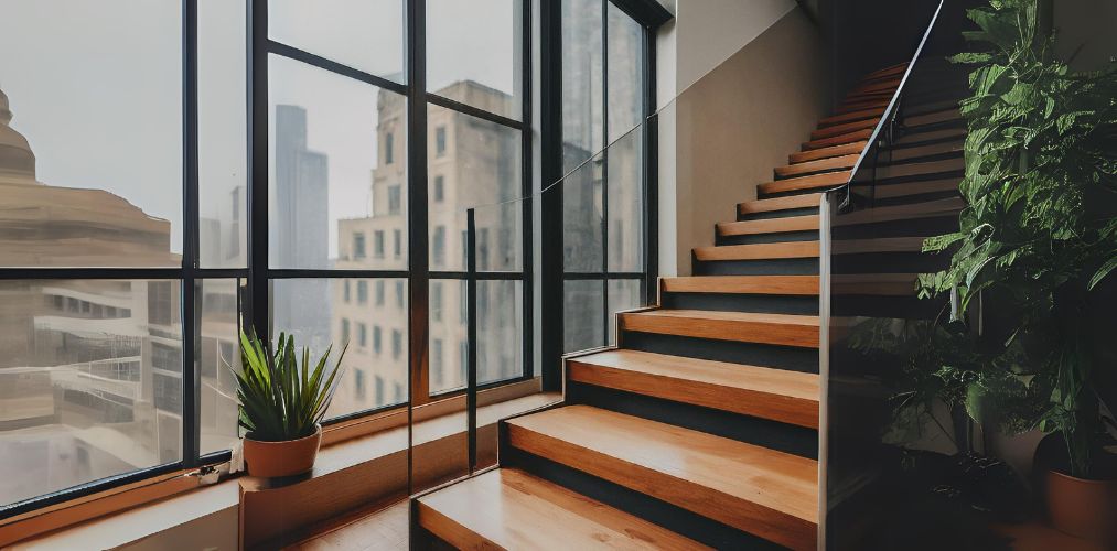 Frameless glass railing for a wooden staircase - Beautiful Homes