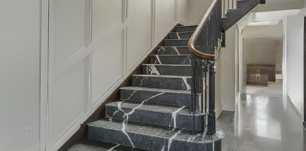 Grey granite l-shaped staircase with white veins - Beautiful Homes