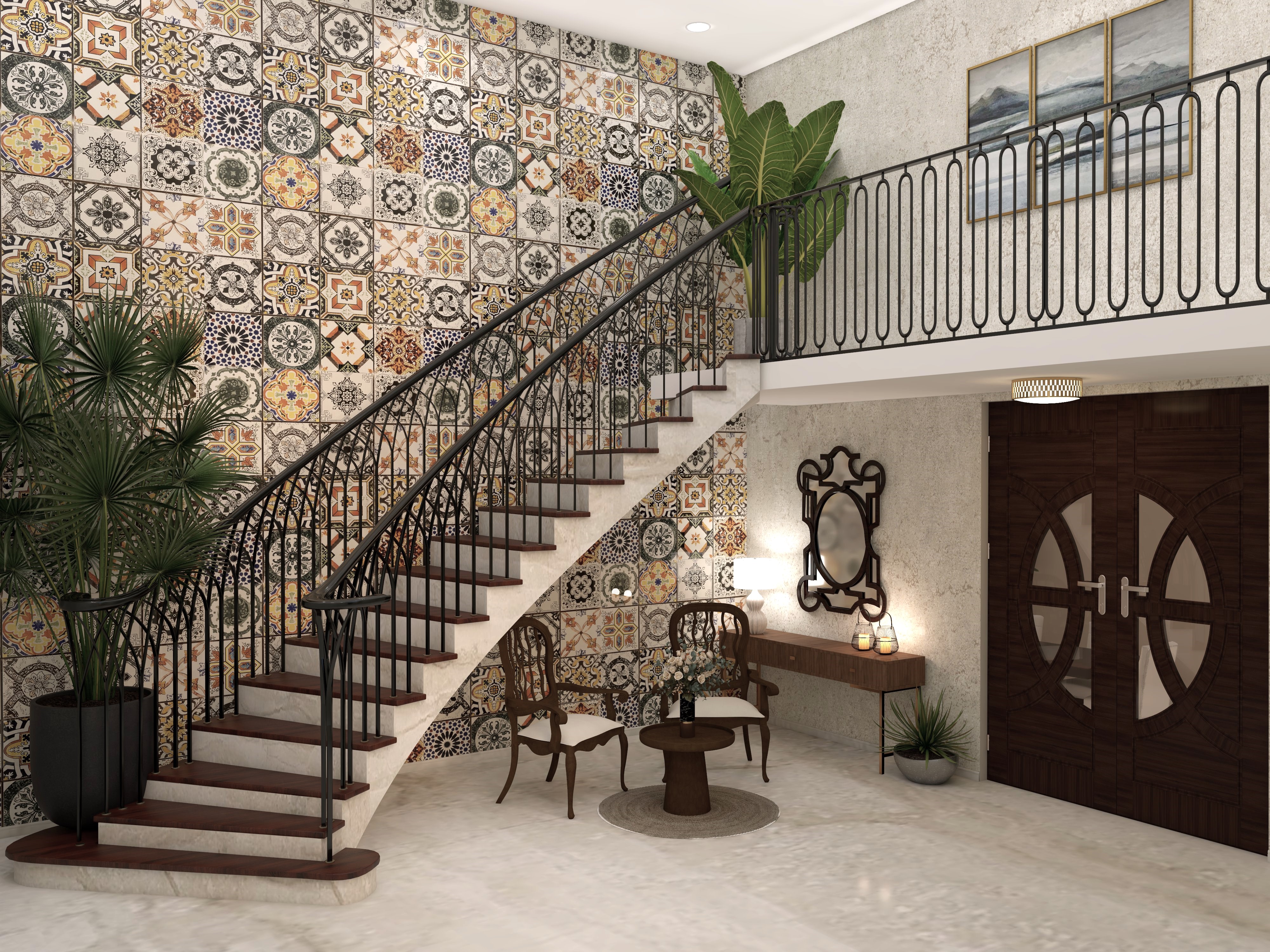 Indian curved staircase with dark wooden treads and iron railing - Beautiful Homes