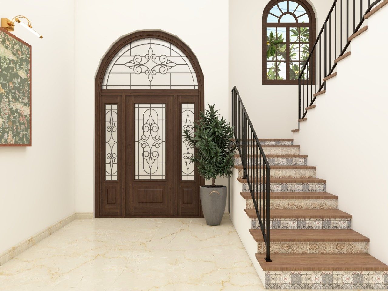 Living room staircase with morrocan style tiles and wooden tread	Living room staircase with morrocan style tiles and wooden tread - Beautiful Homes