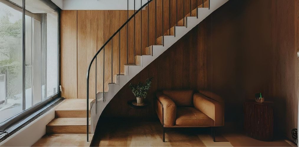 Lounge seating under a curved staircase - Beautiful Homes