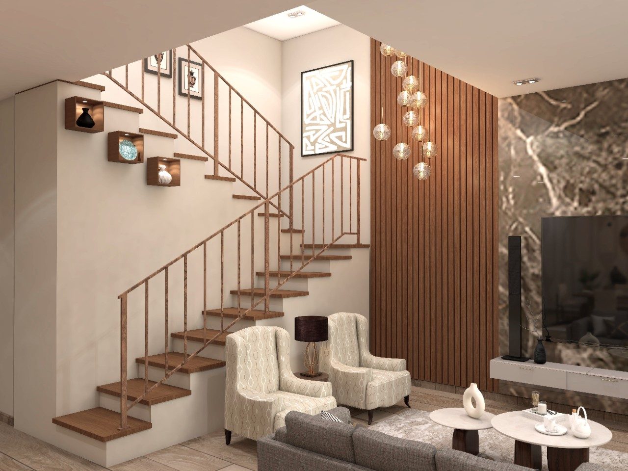 Modern staircase in living room with wood cladded steps - Beautiful Homes