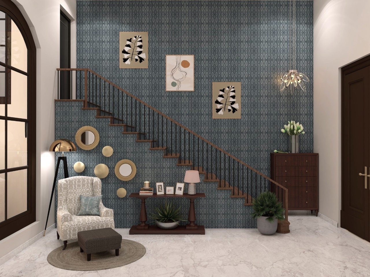 Modern staircase with dark blue geometric wallpaper and metal railing - Beautiful Homes