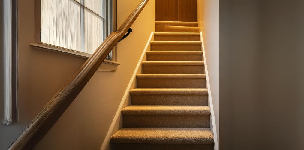 Small carpeted staircase with wooden railing - Beautiful Homes