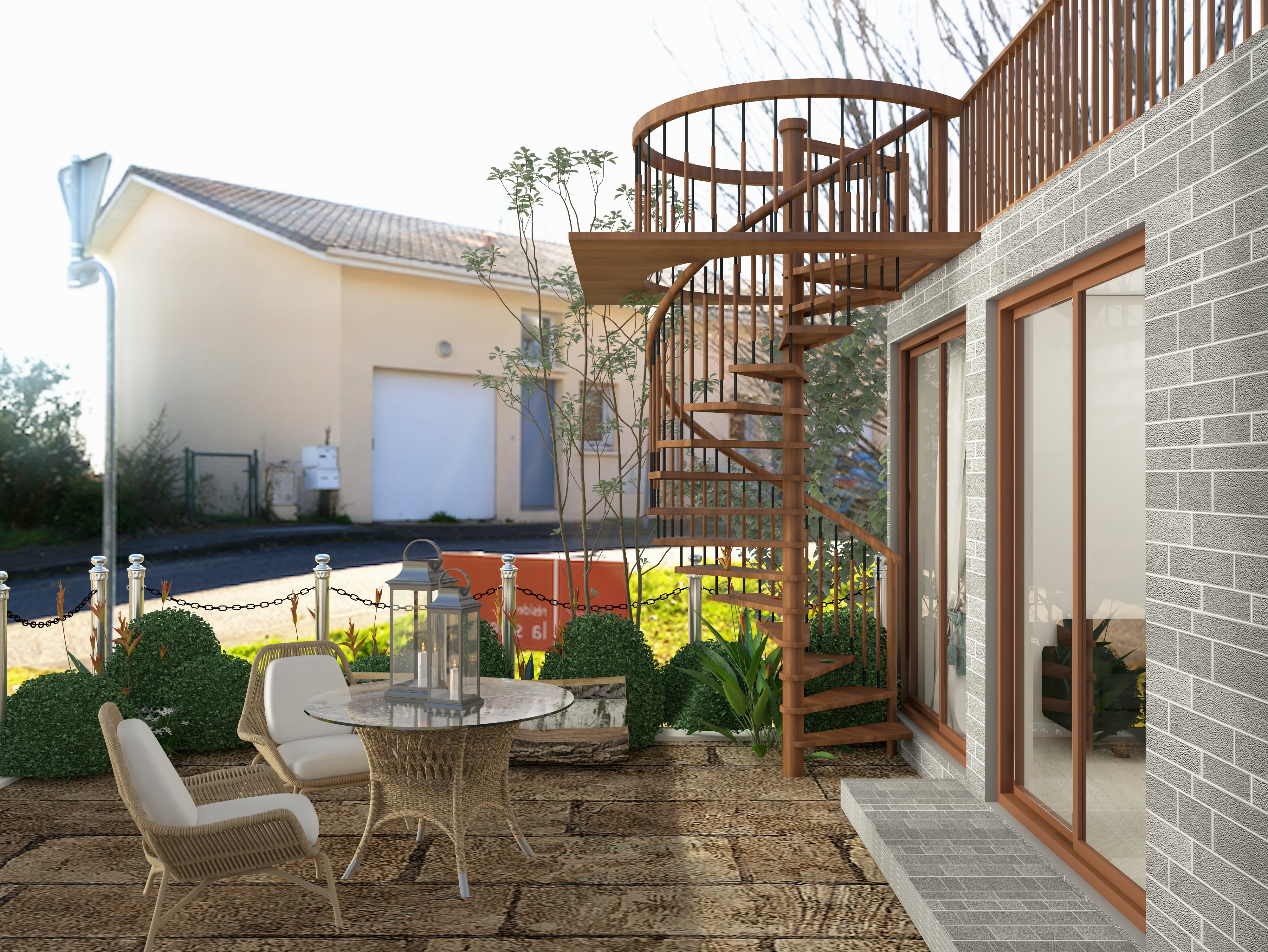 Spiral wooden staircase on a terrace - Beautiful Homes