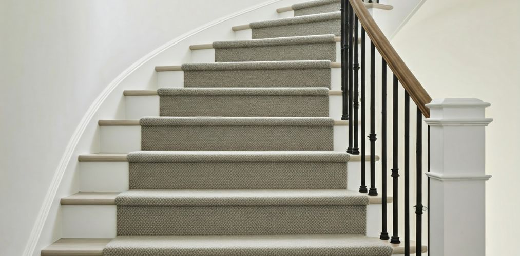 Curved staircase with carpeted steps and wooden rail - Beautiful Homes