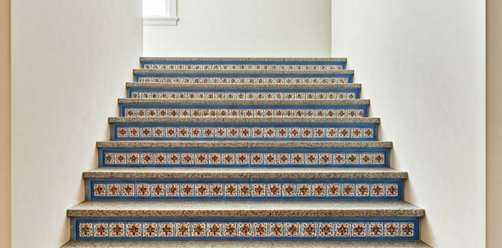 Staircase with colourful tiles and wrought iron railing - Beautiful Homes