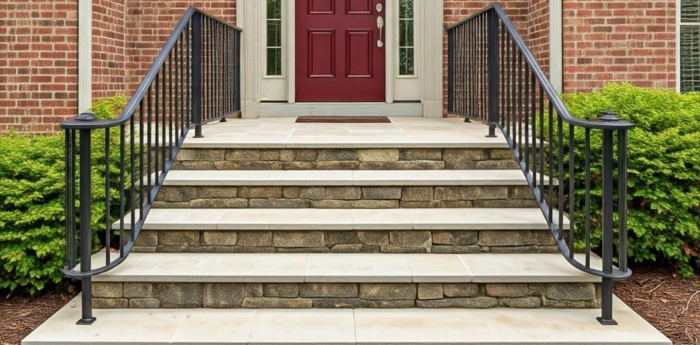 Outdoor stone steps with black railings and greenery - Beautiful Homes