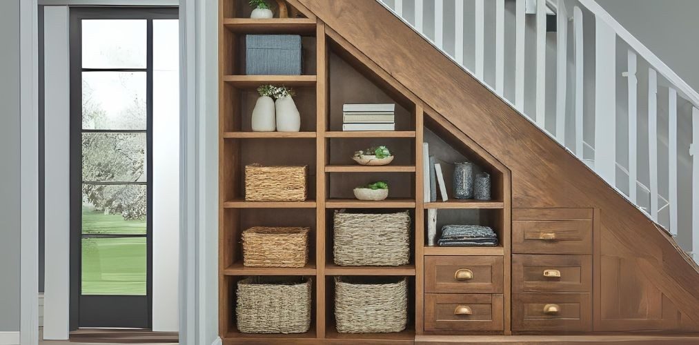 Storage design with open shelves and drawers under a staircase - Beautiful Homes