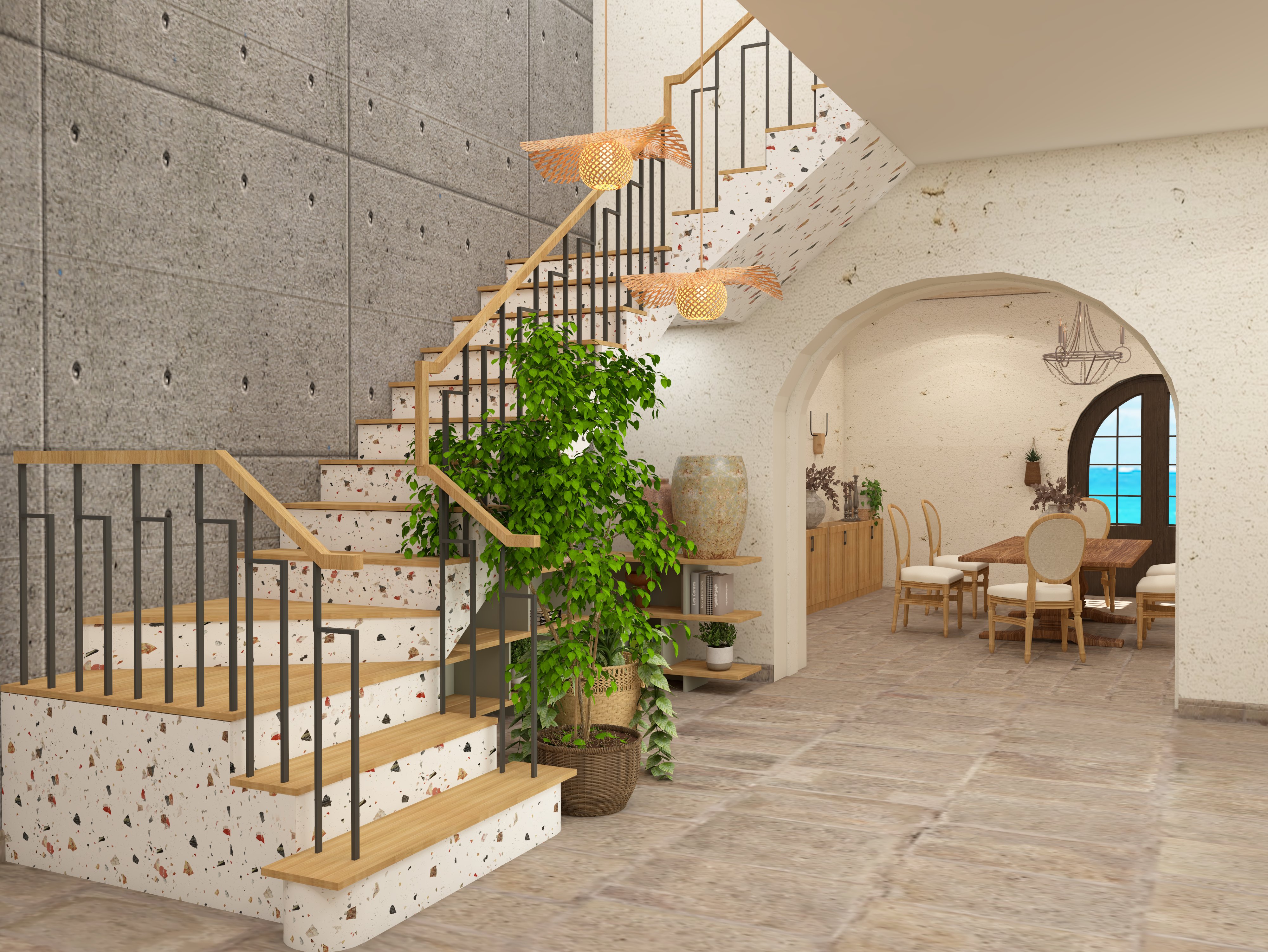 Terrazzo tile and wood cladded staircase in a bohemian living room - Beautiful Homes