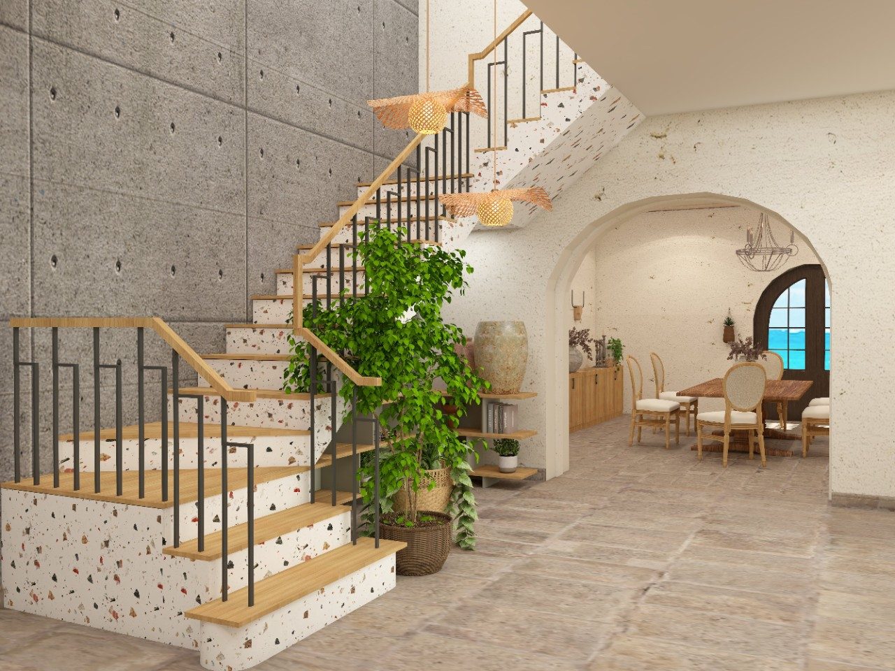 Terrazzo tile and wood cladded staircase in a bohemian living room - Beautiful Homes