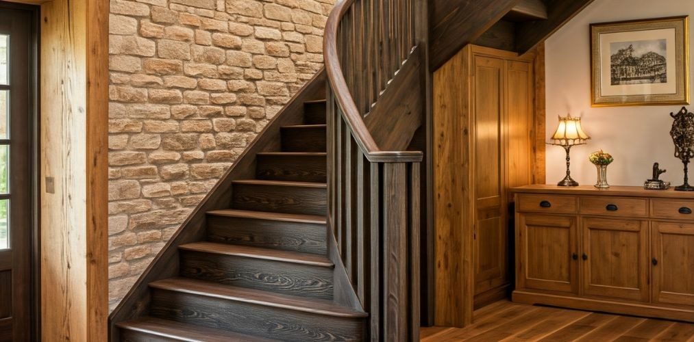 Curved staircase with dark wood steps and stone wall - Beautiful Homes