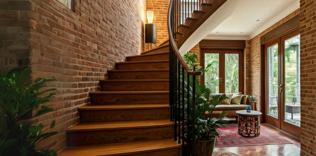 Wooden staircase with brick wall and indoor plants - Beautiful Homes