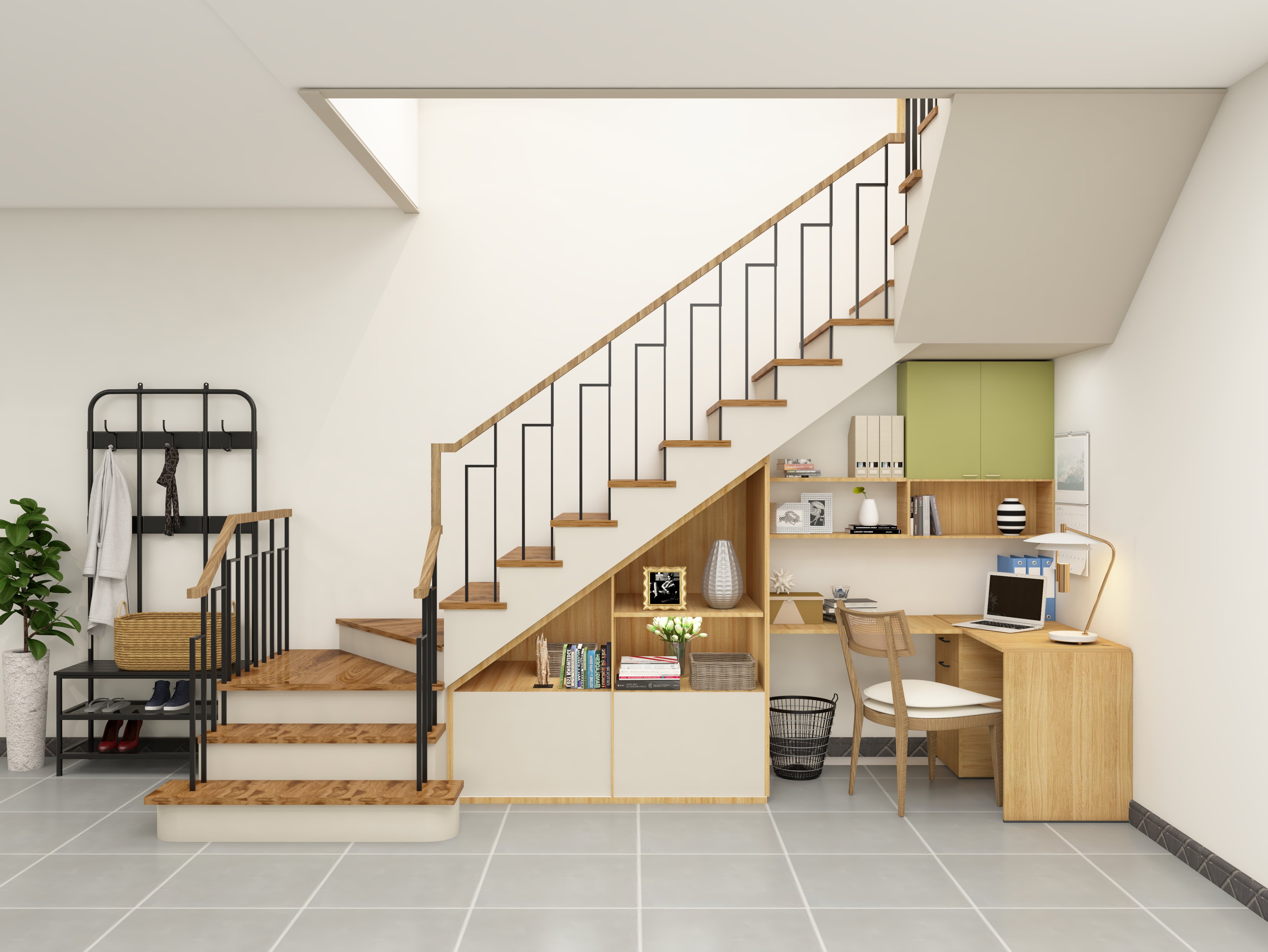 Wooden study table with shelves under a staircase - Beautiful Homes