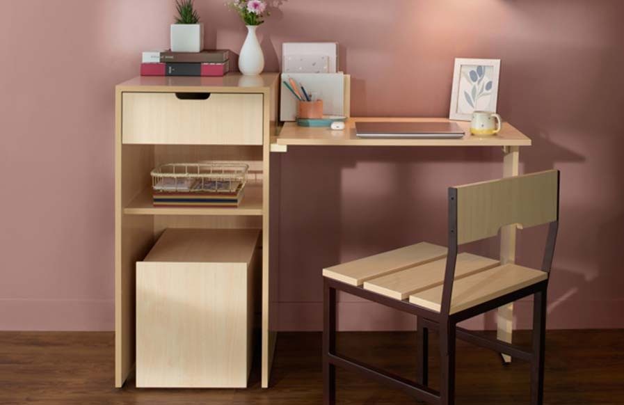 Neutral colour inspired study room interior design with wooden furniture - Beautiful Homes