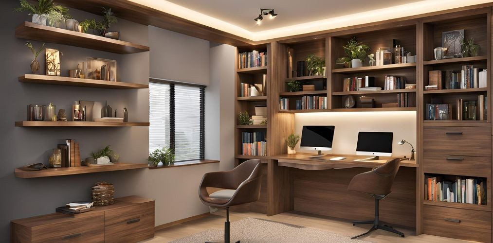 Acacia-toned study room with open shelves and under-shelf lighting - Beautiful Homes