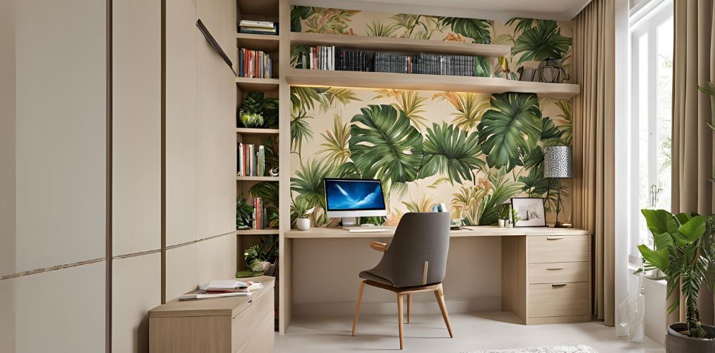 Beige study room design with tropical wallpaper - Beautiful Homes