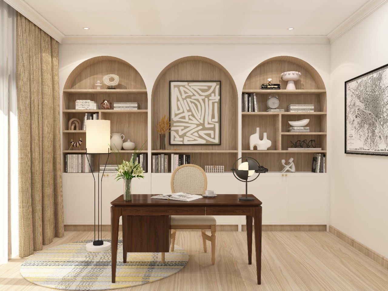 Classic study room with wooden table and arched wall storage niches - Beautiful Homes