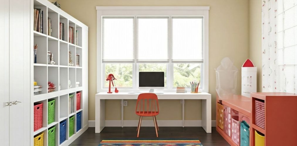 colourful study room with desk and shelves - Beautiful Homes