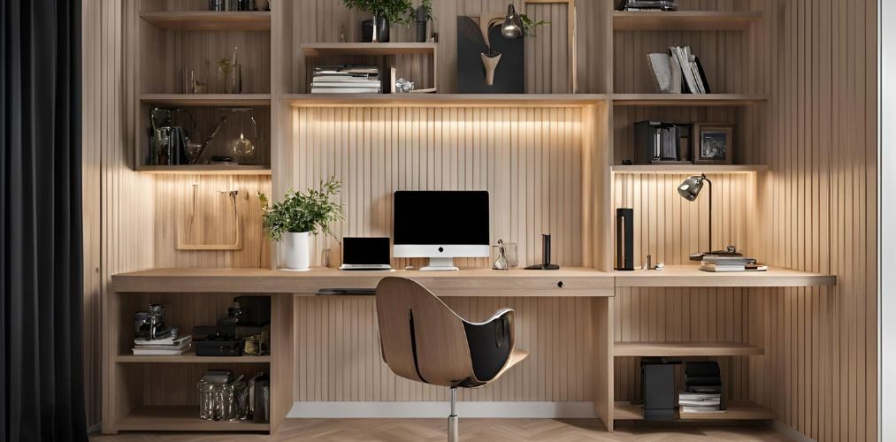 Contemporary champagne-toned and wood study room - Beautiful Homes