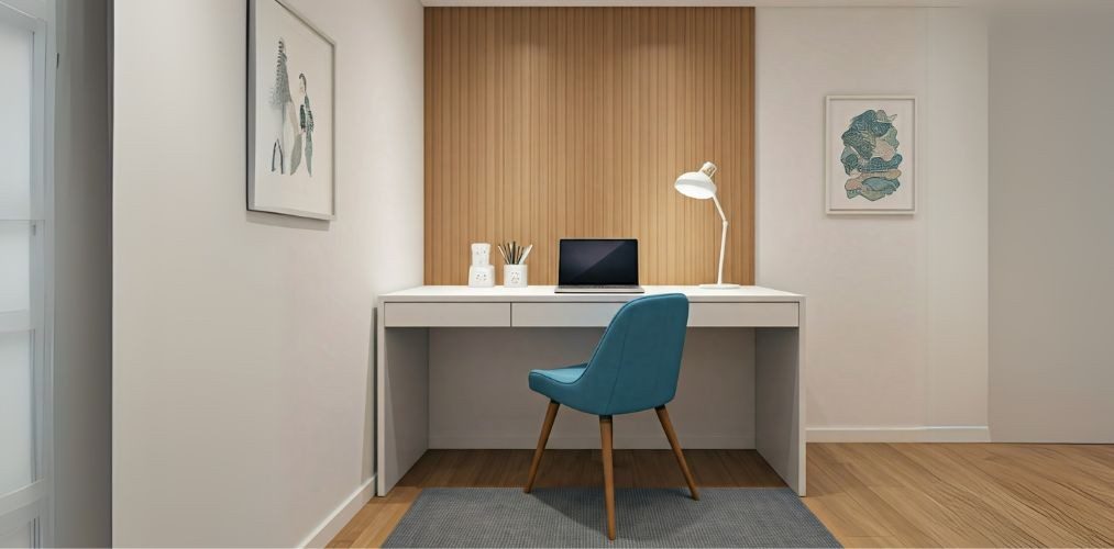 Minimal study room with wooden wall panel - Beautiful Homes