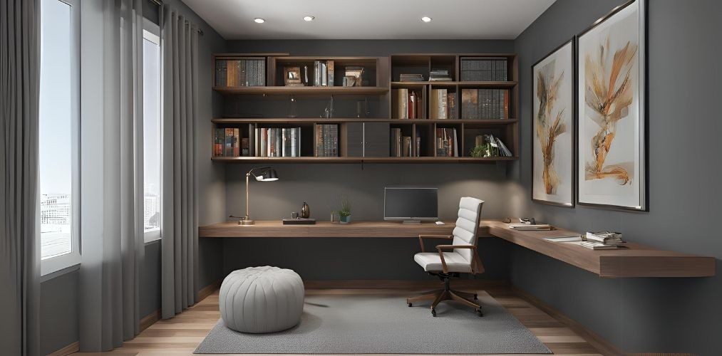 Contemporary study room in gothic grey and teak - Beautiful Homes