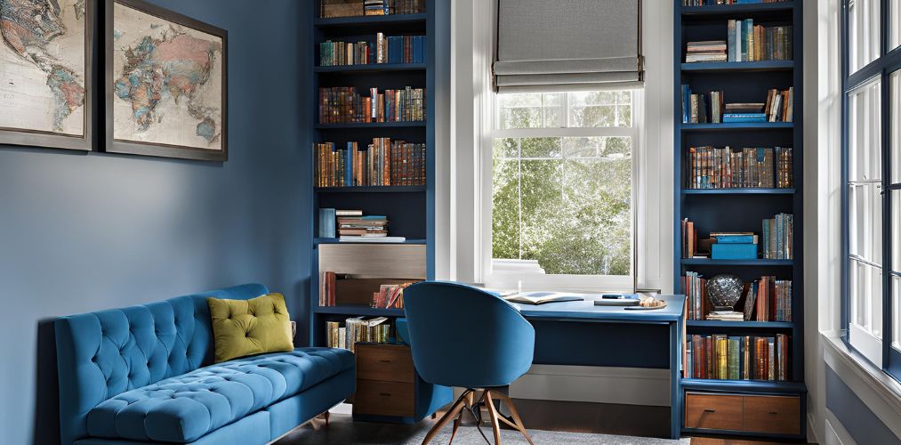 Contemporary study room with blue chair and sofa - Beautiful Homes