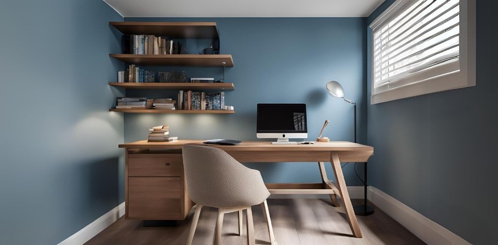 Contemporary study room with wooden table and blue wallpaper - Beautiful Homes