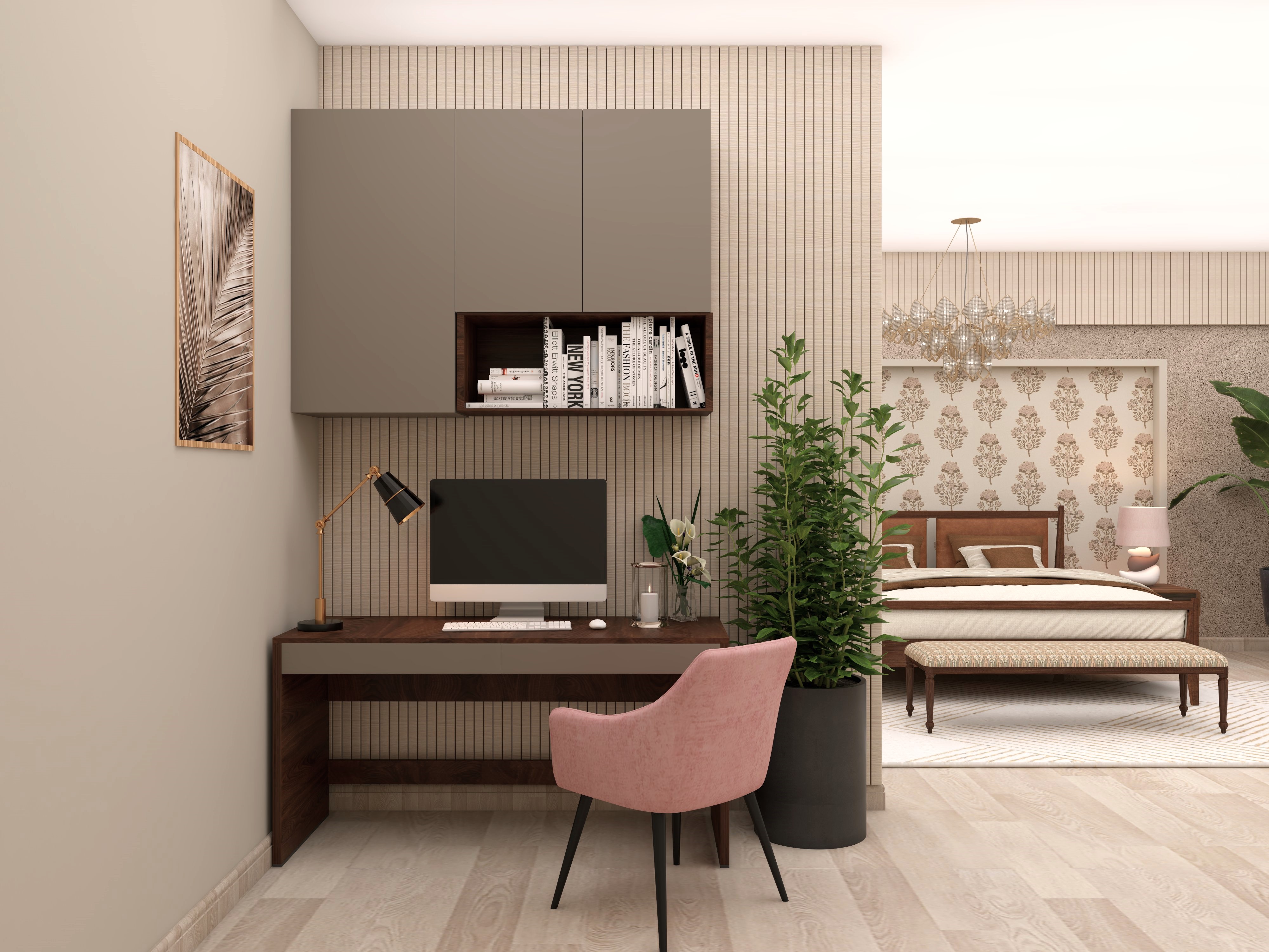 Corner contemporary study area in bedroom with fluted wall paneling - Beautiful Homes