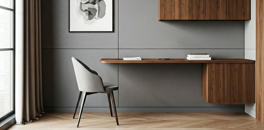 Wooden study area with grey walls and modern chair - Beautiful Homes