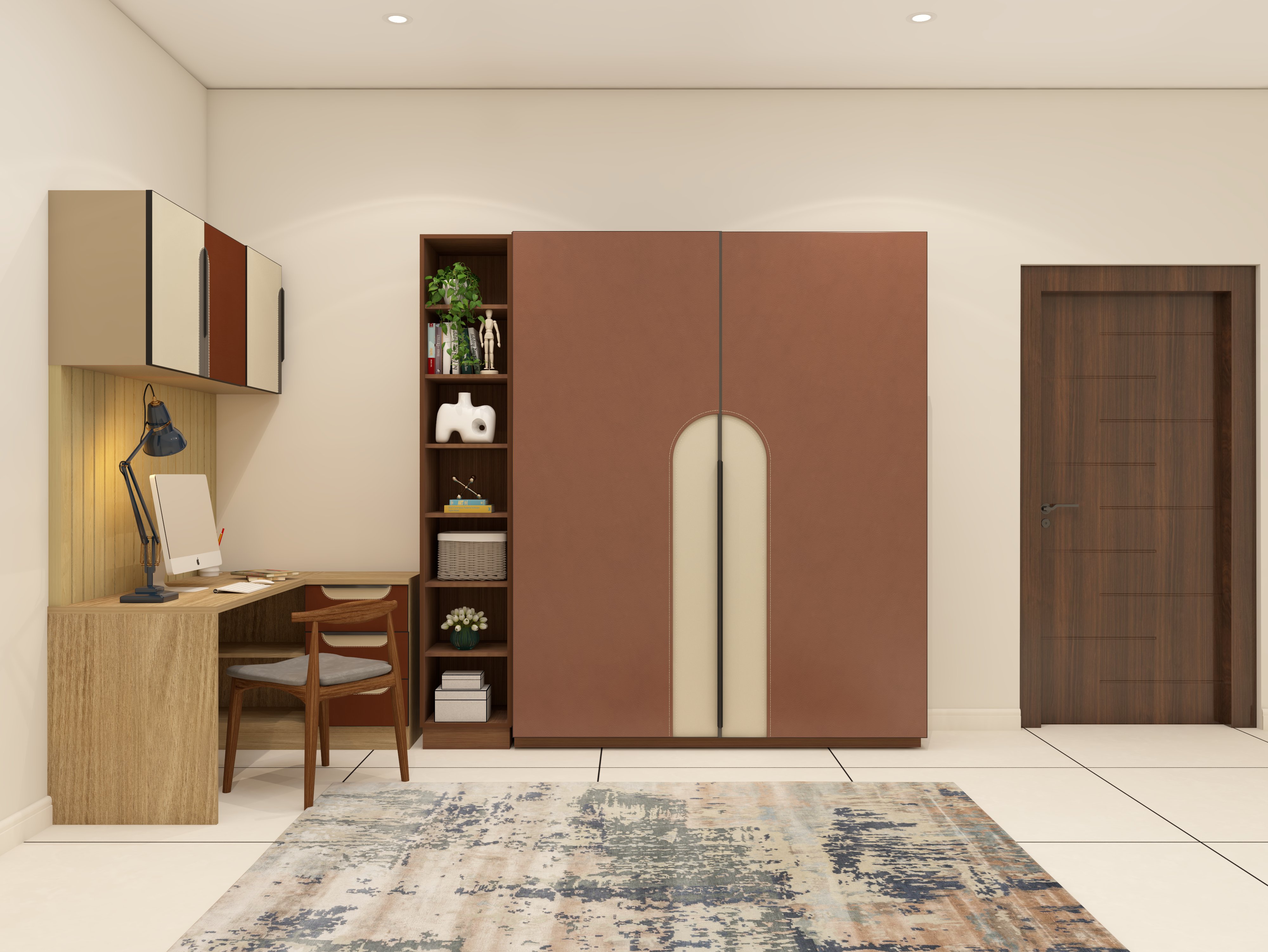 Corner study area with l-shaped table and wardrobe with leatherette finish - Beautiful Homes