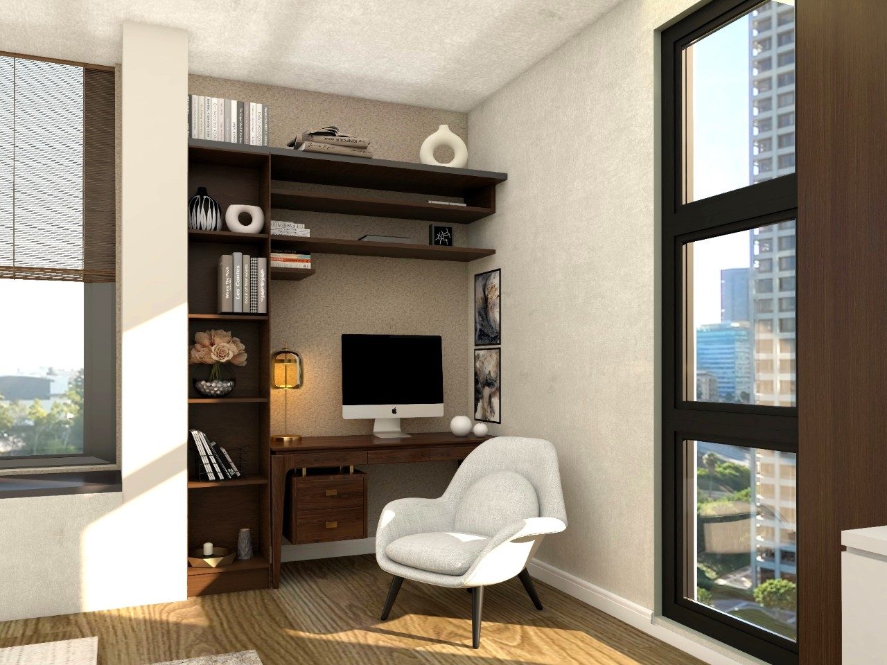 Corner study table with wooden in-built shelves and upholstered chair - Beautiful Homes