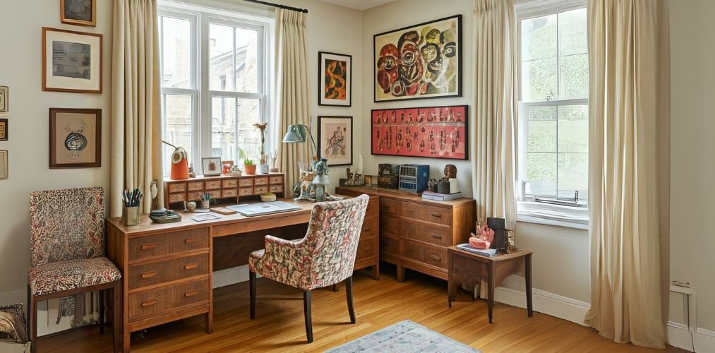 Study room with wooden table and artistic décor - Beautiful Homes