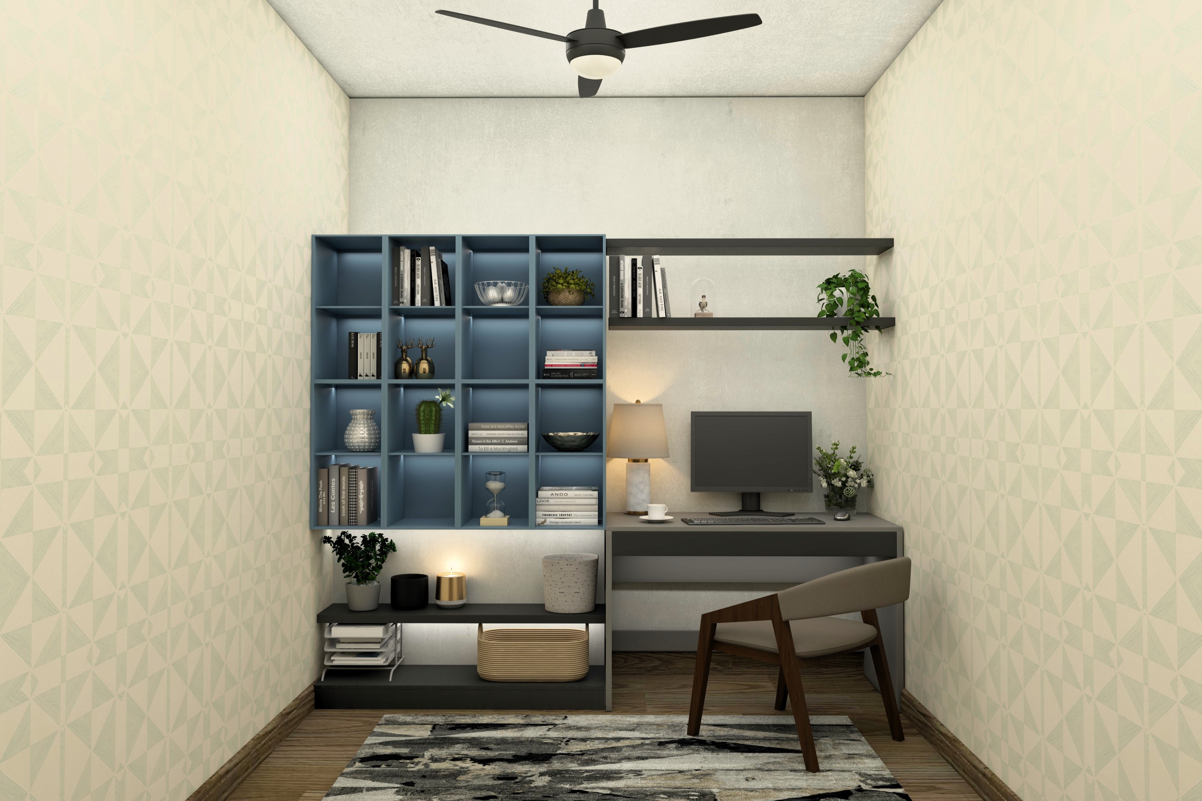 Home office design with blue shelves and grey table-Beautiful Homes