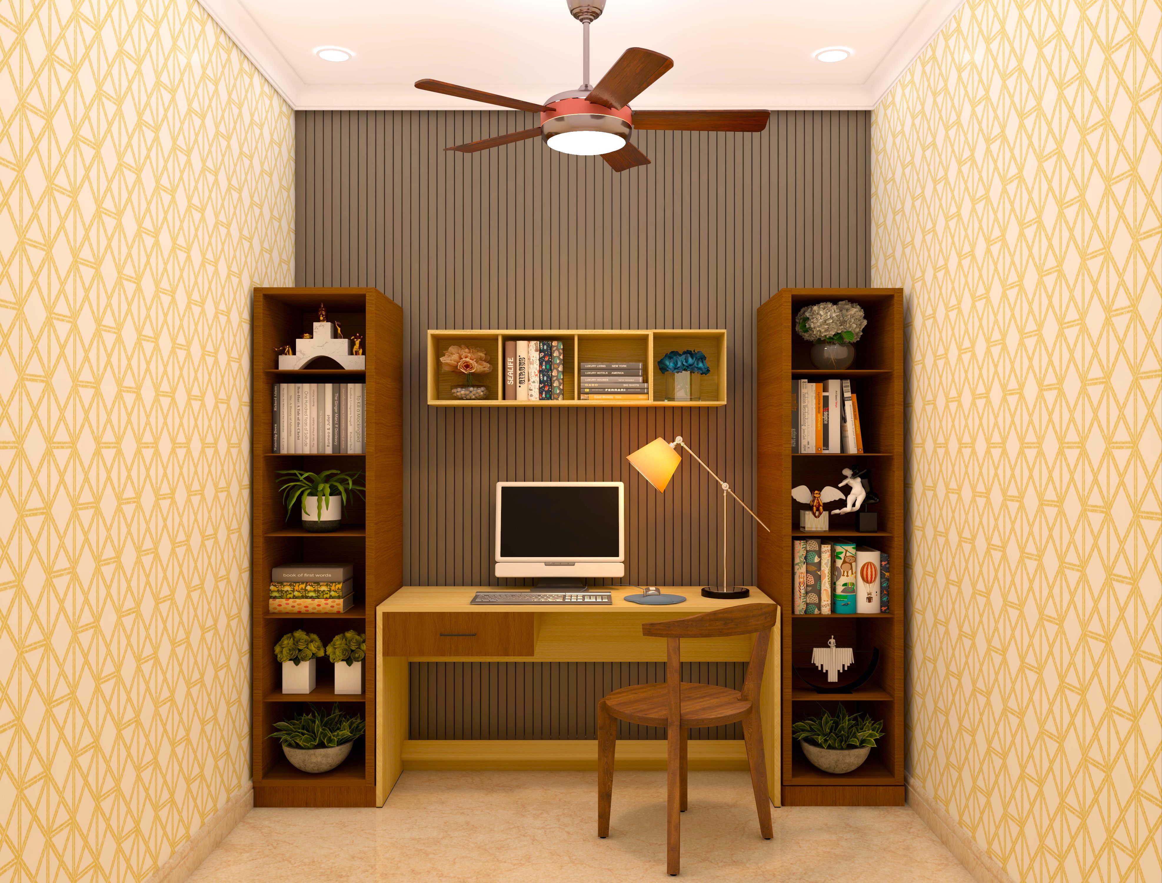 Home office with wooden table and chair with yellow wallpaper-Beautiful Homes