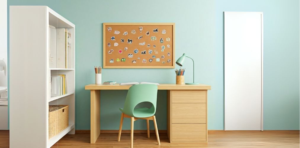 Wooden desk with corkboard and green chair setup - Beautiful Homes